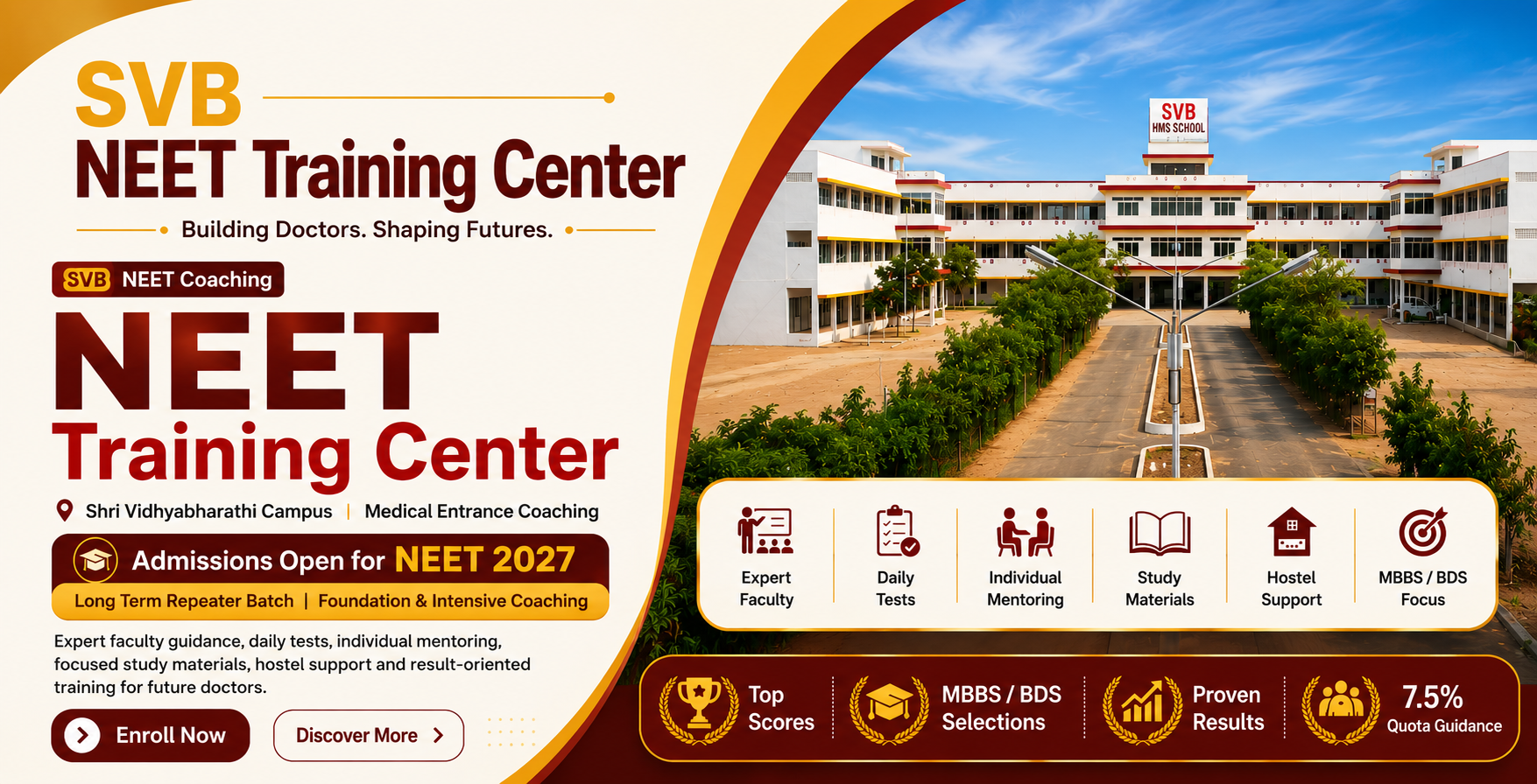 SVB NEET Training Center, Shri Vidhyabharathi Campus — Admissions open for NEET 2027 with long-term repeater batch, foundation, and intensive coaching